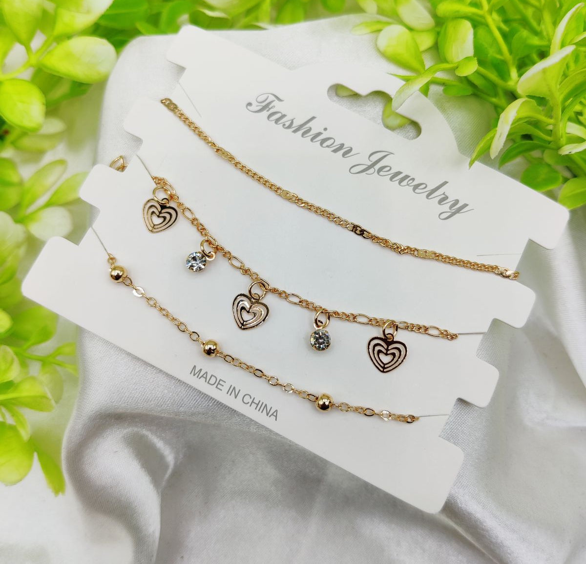 Imported Elegant Triple-Layer Heart Charm Bracelet Set – Adjustable Imported